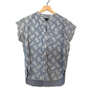 J. Crew Mercantile Floral Band Collar Button Down Blouse Blue XS